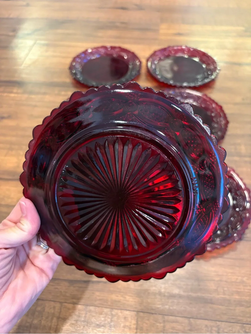 Vintage Avon 1876 Cape Cod Collection Lot Of 7 Ruby Red Glass Dessert Plates